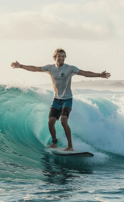 Man in a white T-shirt and shorts riding a small green wave with his arms spread wide