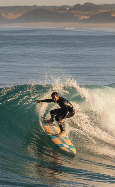 Surfer in a black wetsuit crouched on a striped board on a green wave, with sand dunes behind