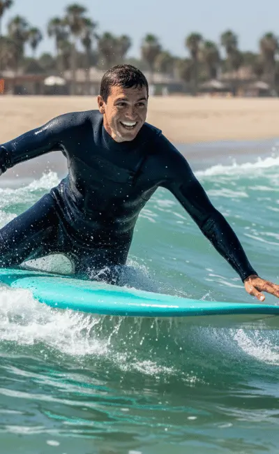 Man in a black wetsuit lying on a turquoise soft-top board, grinning as the whitewater carries him to shore