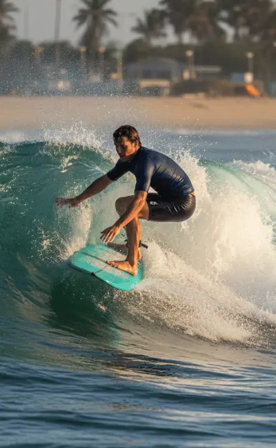 Surfer in a wetsuit crouched on a turquoise board on a small green wave, with beach houses and palms behind