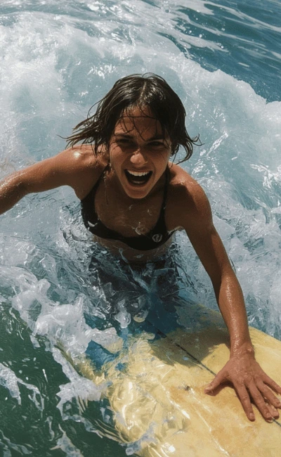 Woman lying on a yellow foam board in the whitewater, laughing with her arms outstretched