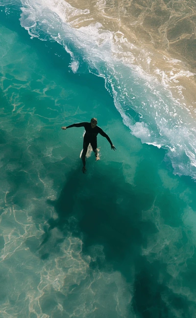 Seen from above: a lone surfer in a wetsuit standing up on the whitewater edge of a turquoise wave