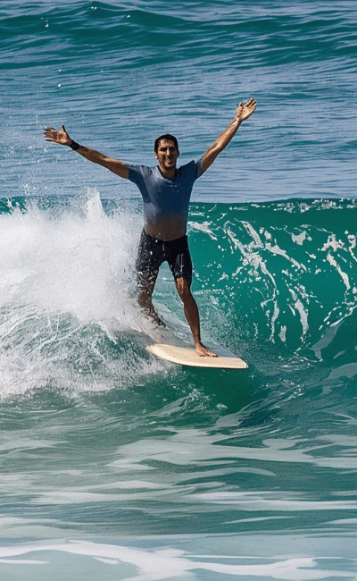 Man in a blue rash vest riding whitewater on a small board with both arms raised